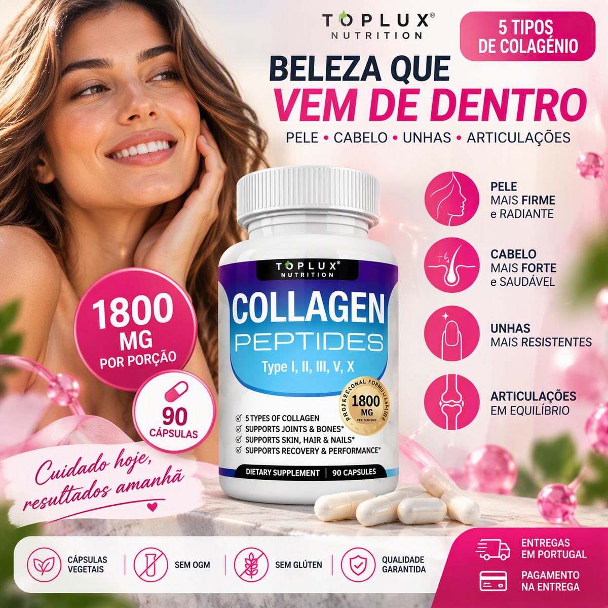 Toplux Péptidos de Colagénio 5 em 1 | 90 Cápsulas