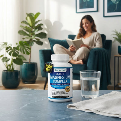 A bottle of Zenutraa 8-in-1 Magnesium Complex on a table next to a glass of water with a person relaxing in the background.