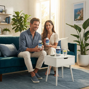 A couple relaxing in a modern living room with a bottle of Zenutraa 8-in-1 Magnesium Complex, representing a confident wellne
