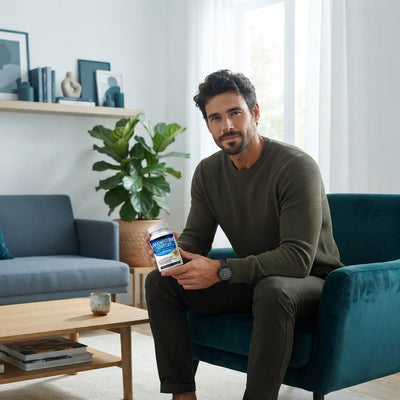 A man holding a bottle of Zenutraa 8-in-1 Magnesium Complex in a bright, modern, and serene living room.